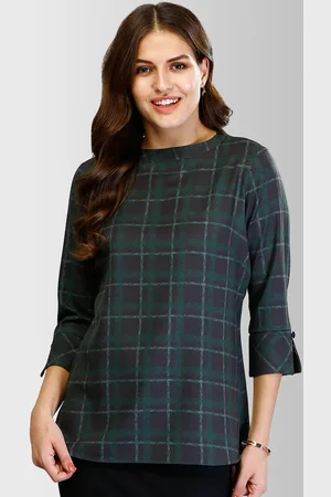 FableStreet Women Black & Green Checked A-Line Top