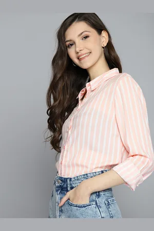 Mast & Harbour Women Peach-Coloured & White Striped Casual Shirt