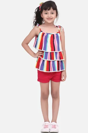 StyleStone Girls Red & Purple Striped Top with Shorts