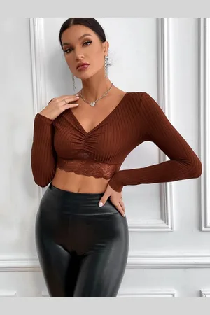 Stylecast Women Brown Striped Long Sleeves Regular Crop Top