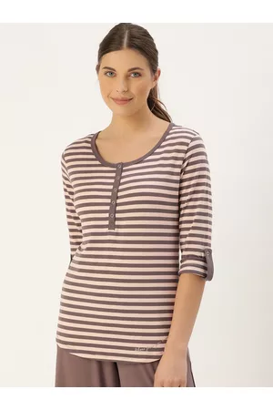 ENAMORA Women Mauve & Off-White Slim Fit Striped Henley Neck Lounge T-shirt