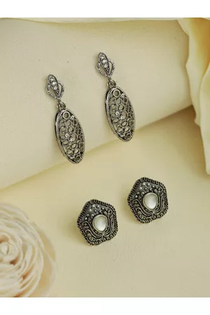 Priyaasi Silver-Plated Set Of 2 Oxidised Contemporary Drop Earrings