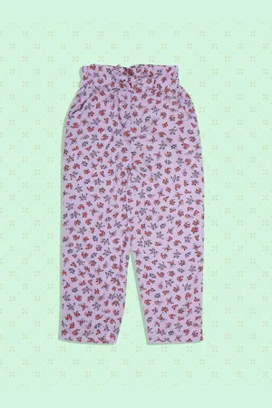 Benetton Girls Lavender Floral Printed High-Rise Pleated Trousers