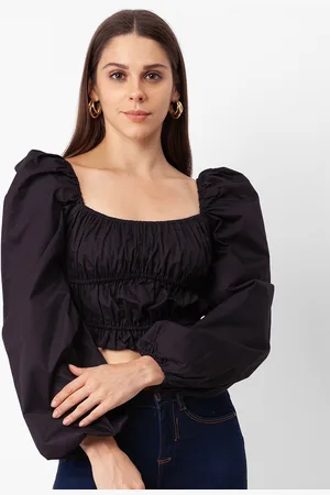 Globus Black Smocked Puff Sleeves Crop Top