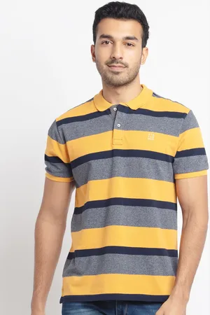 Status Quo Men Yellow & Navy Blue Striped Polo Collar T-shirt