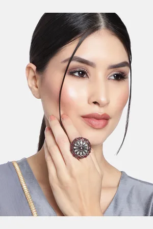 I Jewels Maroon & Silver-Toned Rhodium Plated Oxidised Kundan Handcrafted Finger Ring