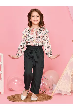LilPicks Girls Beige & Green Floral Printed Frilled Top with Trousers