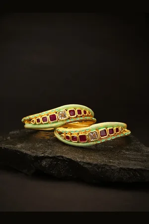 Priyaasi Set Of 2 Gold-Plated Magenta Pink & Sea Green AD & Ruby-Studded Enameled Handcrafted Curved Bangles