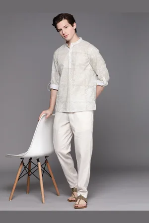 Fabindia Men Grey & Off White Handblock Print Pure Cotton Kurta Shirt