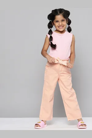 YK Girls Peach-Coloured Pure Cotton High-Rise Denim Culottes