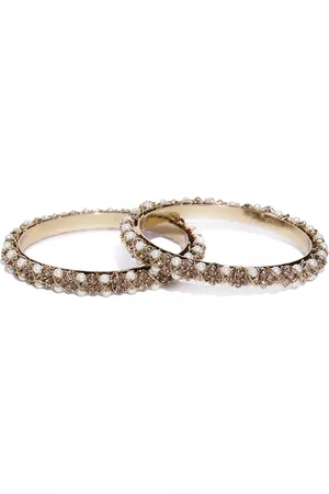 Priyaasi Set of 2 Off-White Antique Gold-Plated Beaded & Stone-Studded Handcrafted Bangles