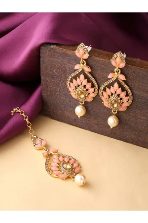 Yellow Chimes Woman Gold-Plated Pink Stone-Studded Leaf Design Earrings With Maangtikka