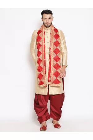 Bazaar Men Dupattas - Men Red & Gold-Toned Embroidered Dupatta with Phulkari