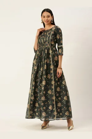 Ethnovog Green Golden Floral Satin Made To Measure Maxi Dress