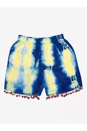 KiddoPanti Girls Yellow & Blue Printed Tie & Dye Shorts