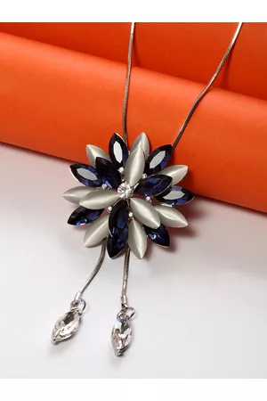 Shining Diva Women Silver-Plated Blue Crystal Floral Necklace