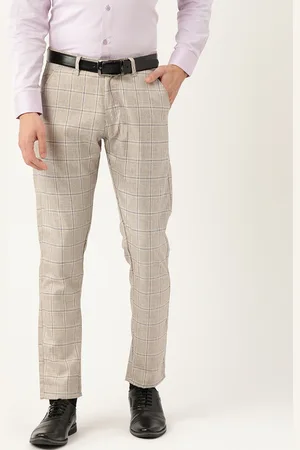 SOJANYA Men Grey Melange & Navy Blue Smart Fit Checked Formal Trousers