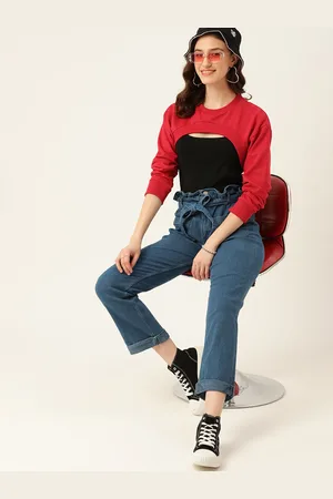 DressBerry Women Red Solid Crop Sweatshirt