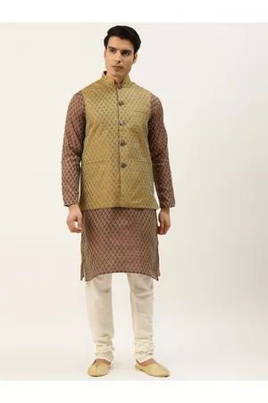 SOJANYA Men Maroon & Beige Woven Design Kurta with Churidar & Nehru Jacket