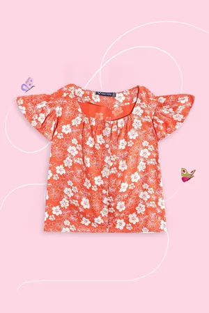 Allen Solly Girls Orange & White Floral Print Shirt Style Top