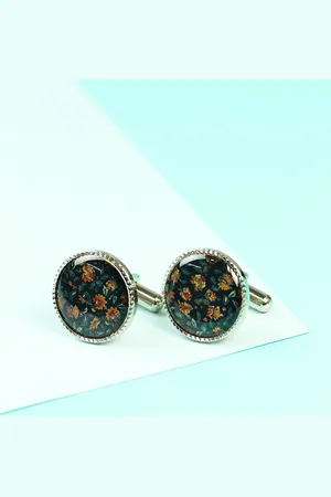 Tossido Men Blue & Brown Printed Design Round Metal Cufflinks