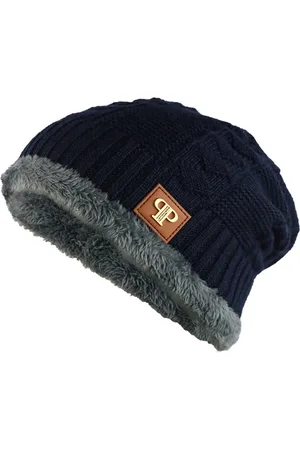iSWEVEN Unisex Blue Self-Design Woven Expandable Beanie