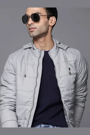 Louis Philippe Men Grey Solid Foldable Attached Hood Padded Jacket
