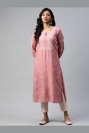 akheri Women Pink Ethnic Motifs Embroidered Keyhole Neck Chikankari Kurta