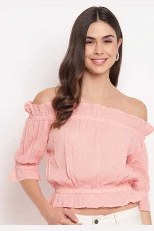 Mayra Women Pink off-shoulder puff sleeves pure cotton bardot crop top