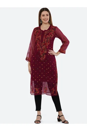 FAWOMENT Women Maroon Ethnic Motifs Embroidered Chikankari Georgette Kurta