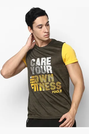 Rock.it Rock it Men Olive Green Typography Printed Slim Fit Training or Gym T-shirt