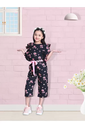 Cutiekins Girls Black & Pink Printed Capri Jumpsuit