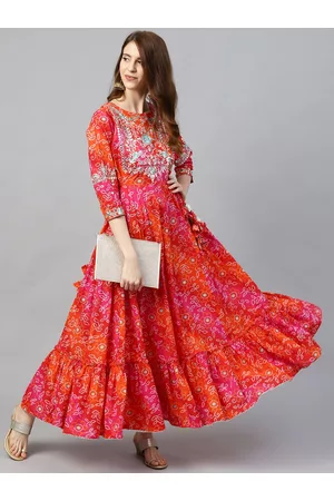 Ishin Women Red & Orange Bandhani Print Anarkali Kurta