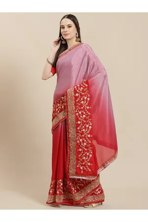 Mitera Red & Pink Floral Embroidered Pure Chiffon Saree
