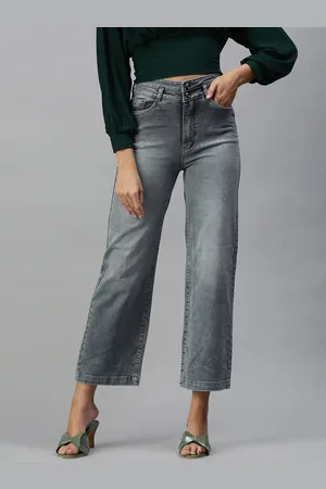 SHOWOFF Women Grey Wide Leg High-Rise Heavy Fade Stretchable Jeans
