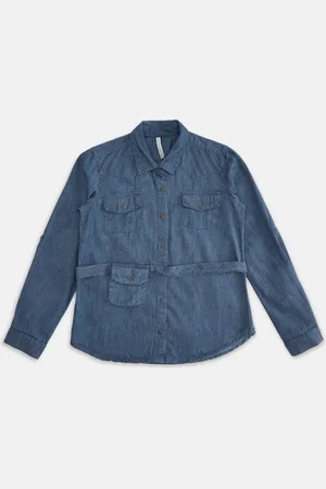 Pantaloons Blue Shirt Style Belted Top with Pockets