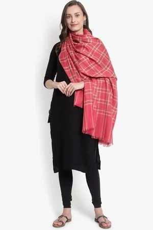 Mizash Women Pink Checks Printed Woolen Shawl