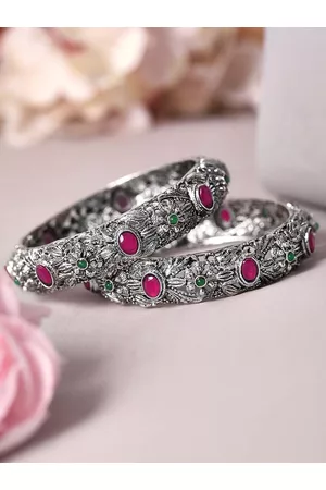Rubans Set Of 2 Oxidised Silver-Toned & Pink Stone Studded Traditional Bangles