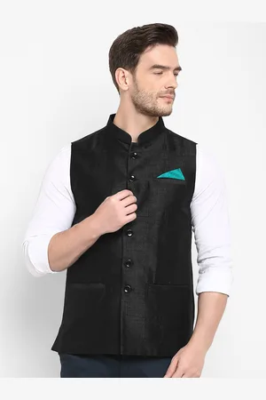 Hangup Men Black Solid Pure Silk Woven Nehru Jacket