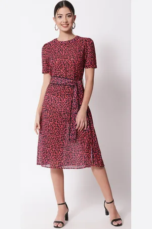CHARMGAL Red & Black Animal Georgette Midi Dress
