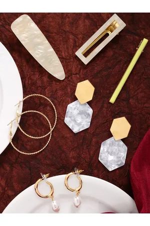 Yellow Chimes Set Of 3 Gold-Toned & Silver-Toned Drop Earrings with 3 Hair Clips