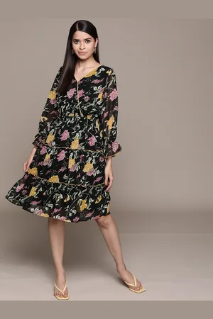 Antheaa Black & Yellow Floral Chiffon Wrap Dress