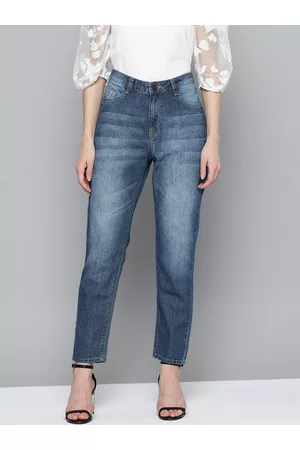 HERE&NOW Women Blue Pure Cotton Boyfriend Fit Mid-Rise Clean Look Jeans