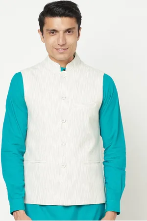 Fabindia Men White Printed Pure Cotton Woven Nehru Jacket