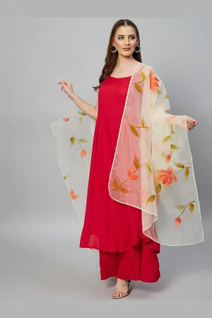 InWeave Women Red Embroidered Empire Kurti with Palazzos & With Dupatta