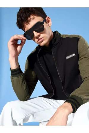 WROGN Men Black & Olive Green Contrast Sleeve Bomber Jacket