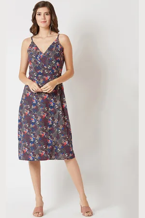 Miss Chase Women Navy Blue Floral Print Wrap Dress