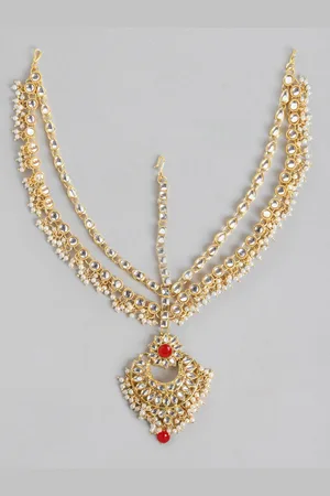I Jewels Women Gold-Plated & Maroon Kundan Studded Bridal Matha Patti