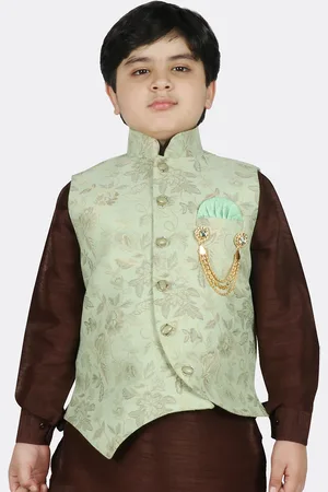 SG Boys Green & Grey Ethnic Motifs Brocade Woven Design Nehru Jacket