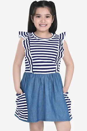 naughty ninos Girls Blue And White Striped Denim Dress